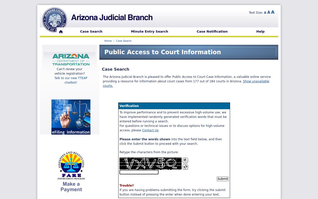 Casa Grande resident lookup Arizona court case search screen